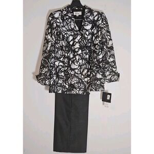 Le Suit Pant Set Womens 10 Black White Abstract Caribbean Side Tie Wide Leg NEW